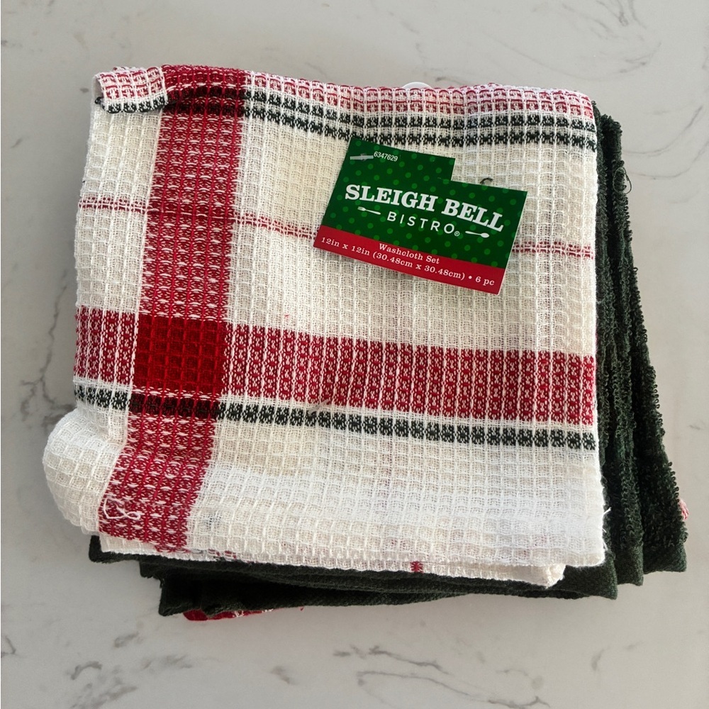 Sleigh Bell Bistro Plaid Washcloth Set 6 Pc 12x12 Kitchen Towels NWT